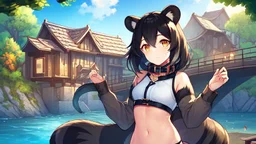 girl on the bridge,open navel, black hair, orange eyes, river, house by river, small wooden house,collar on neck, raccoon ears, raccoon tail