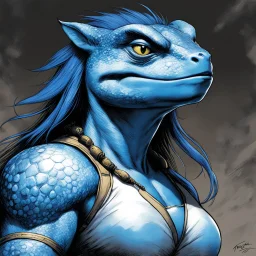 [sketch by by Sam Keith and Bernie Wrightson for TMNT module B3] Mona, a cosmic enigma with a splash of charisma, graces the TMNT shores as a captivating mutant like no other. Once an unwilling sidekick to a second-rate baddie, a cosmic quirk transformed her into an alluring anomaly. Her blue-lizard skin, far from deterring her charm, adds an exotic allure to her enigmatic presence. Imagine this: a mesmerizing figure against the backdrop of the shoreline, Mona's cerulean skin glistening