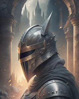 Dark souls Knight, aura, portrait, background Dark souls like ruins, comic style, helmet,