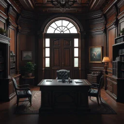 Picture of a study with mahogany panelled walls a dor and a large desk, photorealistic, dark fantasy, 4k