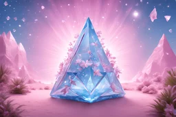 little fairy inside pink piramidal cristal in faired blue starred sky