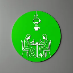 A circular logo for a cafe in a beautiful green color, with two people sitting around a two-person table in the center of the circle, drinking coffee, and the cafe light above the table is on, with each person's head resembling a coffee cup.