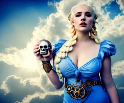 Very sensual gorgeous curvy young white woman blonde hair maiden dressed in blue posing sensually with plaits, and with a skull in her hand, background of ancient marble Roman arcs heavenly sunshine beams divine bright soft focus holy in the clouds steampunk engine steampunk engine.