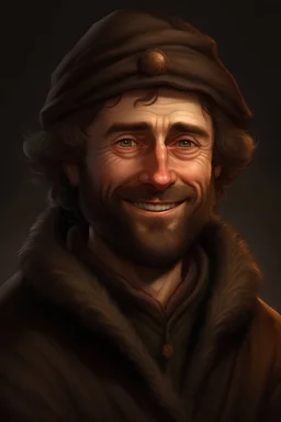A man in his early fourties, innocent round face, short brown beard, brown slanted eyes, fur hat, curly brown hair in a ponytail, warm smile, dark skin, in a dark brown robe, realistic epic fantasy style