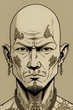 Portrait of male hunan with no hair, tatooes on his face, comics Frank Cho style