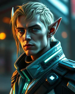 Retrato de hombre Elfo con traje ciberpunk estilo hiper realista, hiperdetallado, calidad ultra