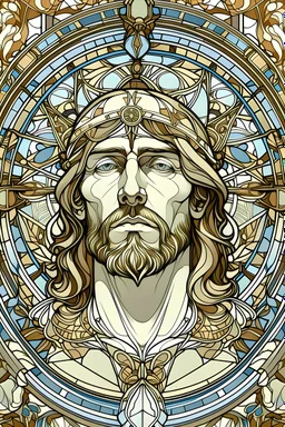 jesus portrait| centered | symmetrical | key visual | intricate | highly detailed | iconic | precise lineart | vibrant | comprehensive cinematic | alphonse mucha style illustration | very high resolution | sharp focus | poster | no watermarks, plain background