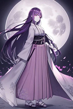 girl, masterpiece, best quality, cinematic lighting, detailed outfit, vibrant colors, perfect eyes, purple hair, pink eyes, long hair, A young woman in a traditional Japanese hakama, standing in a shrine, illuminated by a full moon, with a soft, muted color palette, intricate details, and dynamic composition