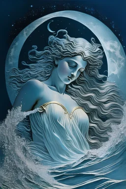 Diana goddess with moon stars greek style waves water