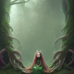 A portrait of a Little fairy woman with green skin and red long hair, sitting under the large Amanita muscaria mushroom in the magic forest, concept art, dark fantasy style, dark and spook, illustration, digital art, d&d, very cute,Masterpiece, best quality, sharp line, sharp focus, rear view : digital painting extremely detailed fantasy beautiful award winning high definition colourful very cute ,correct ai auto settings.