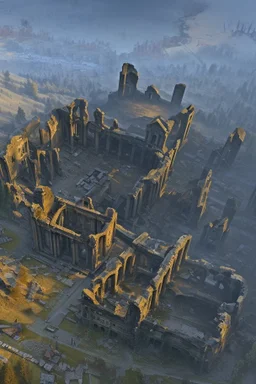 Destroyed City, medieval ruins, debris, stone, breched, brocken, Perspektiv from the sky,