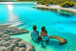 families sitting on a beach lagoon