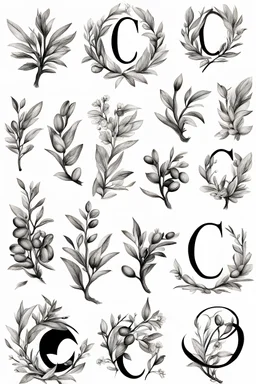 A flash of 10 designs line drawing of letter C and olive branche black in on white background for a tattoo design