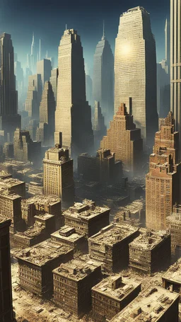 view of a futuristic the New York City in a post atomic catastrophic way, with lots of buildings in ruins,