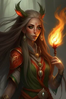 Female eladrin druid that has fire abilities. Long fire hair, Scar on the face after battles, scar after a big animal