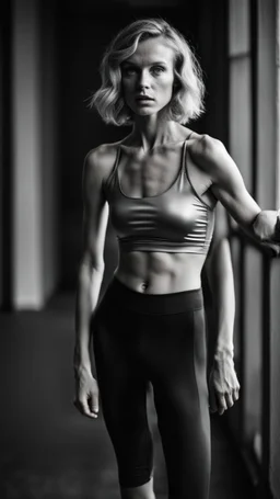 photography of a beautiful anorexic woman, silver satin top, sports illustrated, blond short wavy bob haircut, pronounced sternum, short leggins