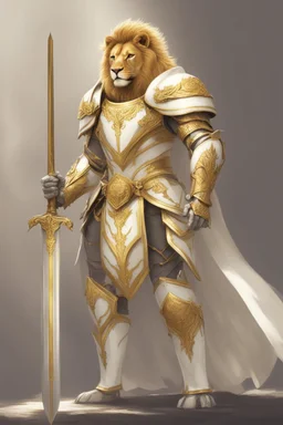 Humanoid lion knight wearing white and gold armor, wearing a white and gold cape, holding a large sword and shield