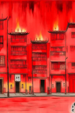 A light red Chinese district with burning torches painted by Mark Rothko