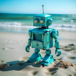 an old robot, turquoise, on the beach