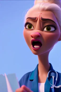  Tall Angry woman in a doctor's coat with a high black bun screaming