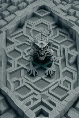 hexagon stone labyrinth featuring gargoyle skeleton in the style of escher, 8k, trending art