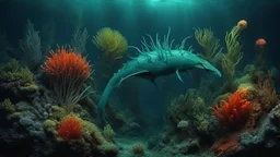 animals creatures, plants from subanautica from deep sea, leviathan's a lot of sea plants very deep, beautiful, river of magma, green and blue.