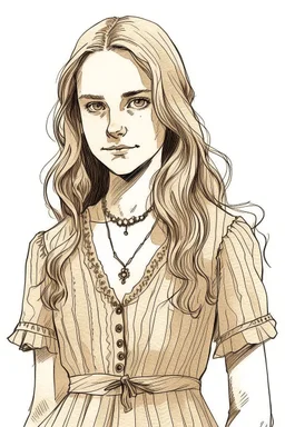 A girl in her late twenties, with slightly sharp features, long blond hair and hazel eyes, wearing a Chanel dress, with a rustic look, sketch