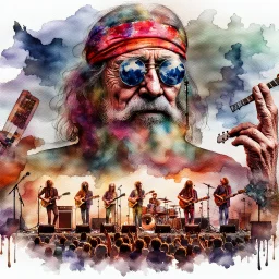 The old hippie, double exposure old hippie's face formed by a band on stage playing a concert, watercolor.