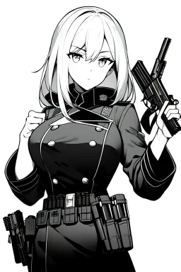 military girl takes out pistol, greyscale