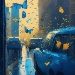 morning, window, rain, butterflies, blue, flowers in the road, city, crowd, cars, sunlight, golden