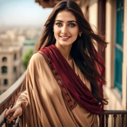 Hyper Realistic Photographic-Outside-View of Beautiful Happy Young Pashto Woman with having-Beautiful-left-eye-green-&-right-blue-eye & long-dark-brown-hair wearing beige-dress-with-maroon-dress-with-black-shawl standing on balcony showing dramatic & cinematic ambiance.