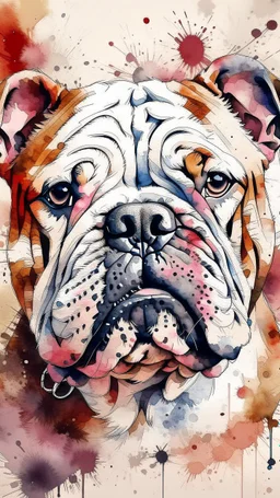 dnd, fantasy, watercolour, humongous strokes, stylistic, portrait, illustration, furry, bulldog , personable face