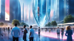 Here is a shortened prompt for an AI image generation of an "Imagination of 2080 year modern city center with some people and city escape at background": "A futuristic scene depicting the bustling heart of a 2080 city center. The foreground features a diverse array of photorealistic individuals engaged with innovative, tech-enhanced elements - holographic displays, autonomous transportation, immersive public art. In the background, a panoramic vista of the larger city skyline - towering organi