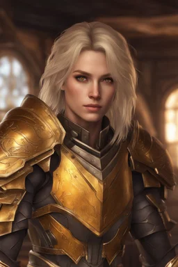 yellow eyes, female paladin aasimar, sun halo, blonde hair, detailed armor, 8k, high detail, intricate, realism, realistic,tavern background, facing viewer