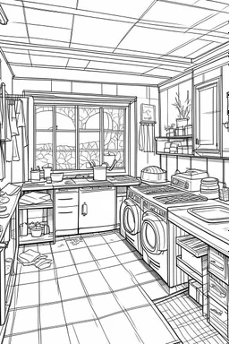 Outline art, house design, laundry room, no shading, no lines, cartoon style, --ar 9:11