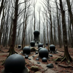 Irregular black spots, 8k, 3d render, Zdenek Burian, melting horror, tridimensional figures, intricate patterns, forest, sinister scribbles, colors, shot on Hasselblad, Yves Tanguy, tragicomic