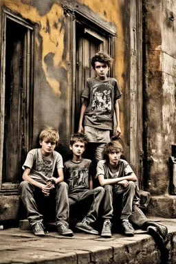 Three teenage street children two boys and one punk girl in book-cover poses on the screen of an old town plus a black cat as a companion, banksy style