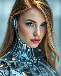 a photoshoot facing view fullbody beautifull Russian Supermodel long hair having humanoid body robot transparent visible glass shiny explore inside details mechanical parts