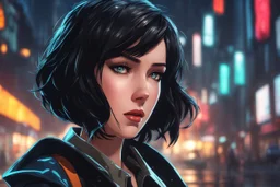 elizabeth with short black hair in 8k 2D anime realistic drawing style, bioshock word, neon effect, close picture, rain, highly detailed, high details, detailed portrait, masterpiece,ultra detailed, ultra quality