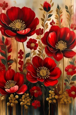 boho painting of RED flowers with metallic gold details