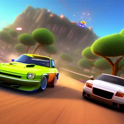 jumping car,a new donkeykong level with small cars, fine detail, graphics, shiny 3d, road sign, suspended road, islands, jumps