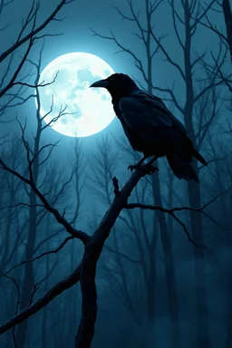 A highly realistic animated book cover depicting a stark, atmospheric scene in a dark forest. A solitary black raven perches silently on a gnarled, leafless tree branch, its silhouette sharply defined against a luminous full moon, with feathers detailed to show slight movement from the breeze. The scene is bathed in cold blue and grey tones, with a gentle, drifting fog subtly obscuring the forest floor and distant trees, illuminated by the moon's glow and highlighting intricate bark textures. Th