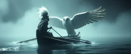depth of field, volume light, fog, a fluffy quickling egyptian bald hat looks like the opposite of a vampire in bunad leaning on statue of twister interdimensional sci fi boat with oars that looks like wings gliding through space waters under the biggest owl