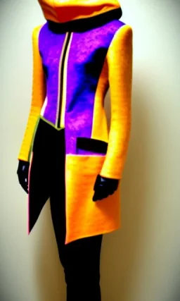 Camouflage colors are terracotta, cream and purple, lilac and Cream latex! European daft punk woman. Mantle is sewed of recycled Denim and sewed together of recycled polymer felt. Yellow(Munsell) areas. hint of orange as effect color!!Big bright purple/khaki felt tippet and cream or blue or lilac colored-hood. mantle is merged with satchel. . AKG-style headphones (gold rings!) is merged with small felt cap with small visor. Style: Haute Couture in 1998