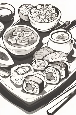 outline art for cute food coloring pages with sushi, white background, sketch style, full body, only use outline, Mandala style, clean line art, white background, no shadows and clear and well outlined