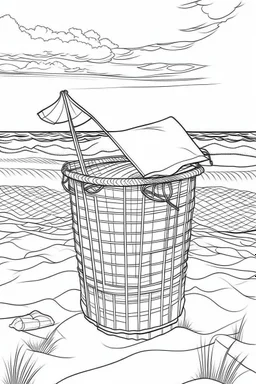 Outline art for coloring page, PICNIC BASKET ON A LONG RECTANGULAR BEACH TOWEL. TALL BEACH UMBRELLA, HAWAII BEACH, coloring page, white background, Sketch style, only use outline, clean line art, white background, no shadows, no shading, no color, clear
