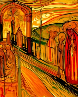 A golden orange colored ironworks painted by Edvard Munch
