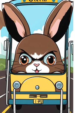 cute angry Chocolate Bunnie with big eyes and big ears sitting on bus