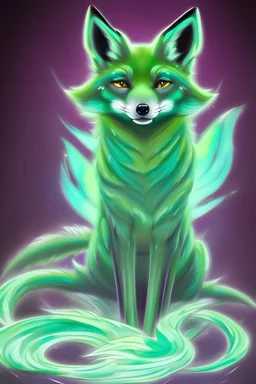 A emerald green fox turning into a magnificent phoenix going from darkness to light