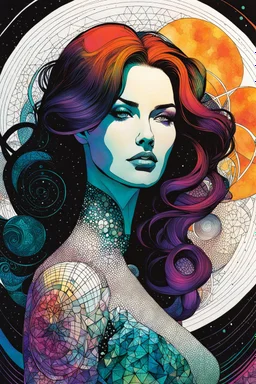 create a wildly abstract woman in Zentangle doodles utilizing elements of Sacred Geometry, in the comic book art style of Bill Sienkiewicz, Mike Mignola, and Jean Giraud Moebius, finely textured, drawn, colored, and inked